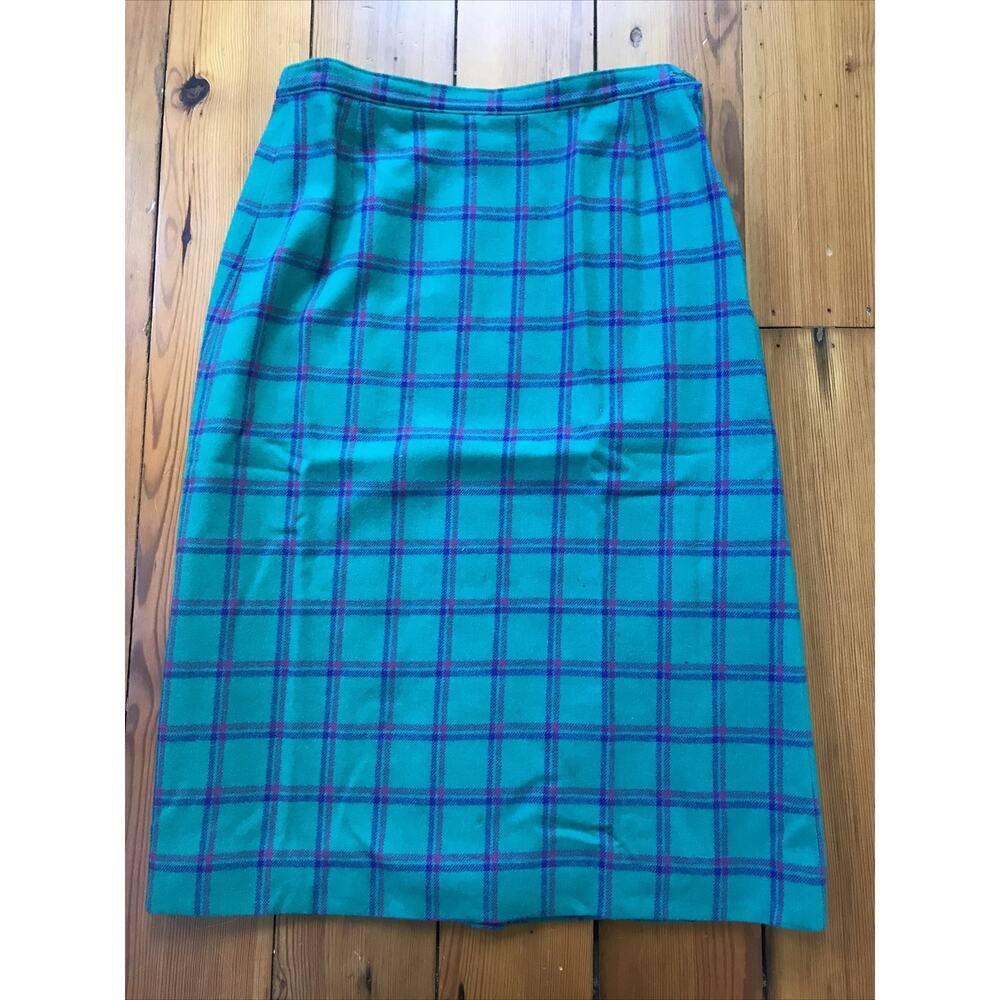 Vintage Pendleton Wool Teal Fuchsia Tartan Palid Windowpane Pencil Skirt 30" S